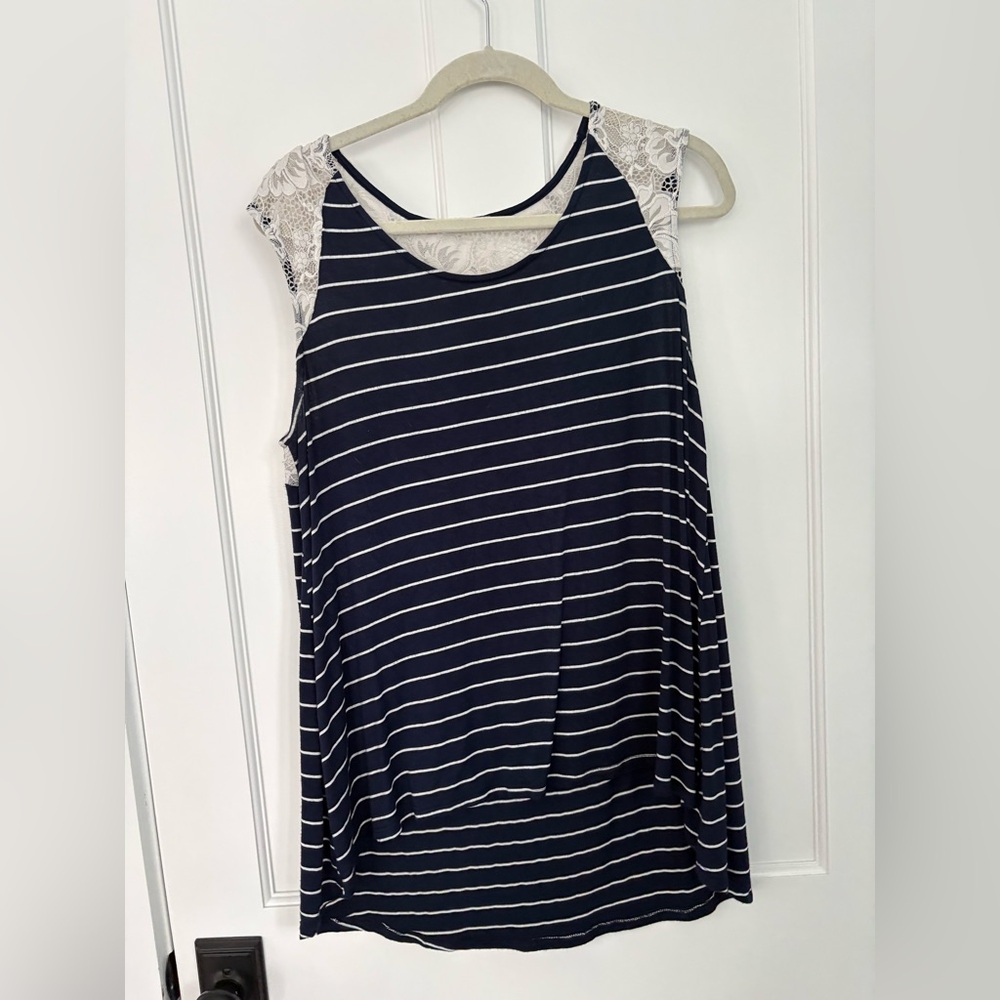 Le Lis Navy and White Striped Lace Blouse
